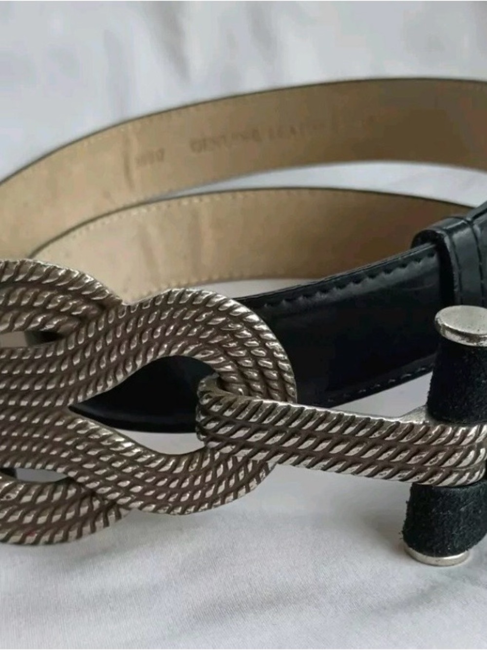 Ladies Black Leather Belt with Textured Silver Knot Buckle